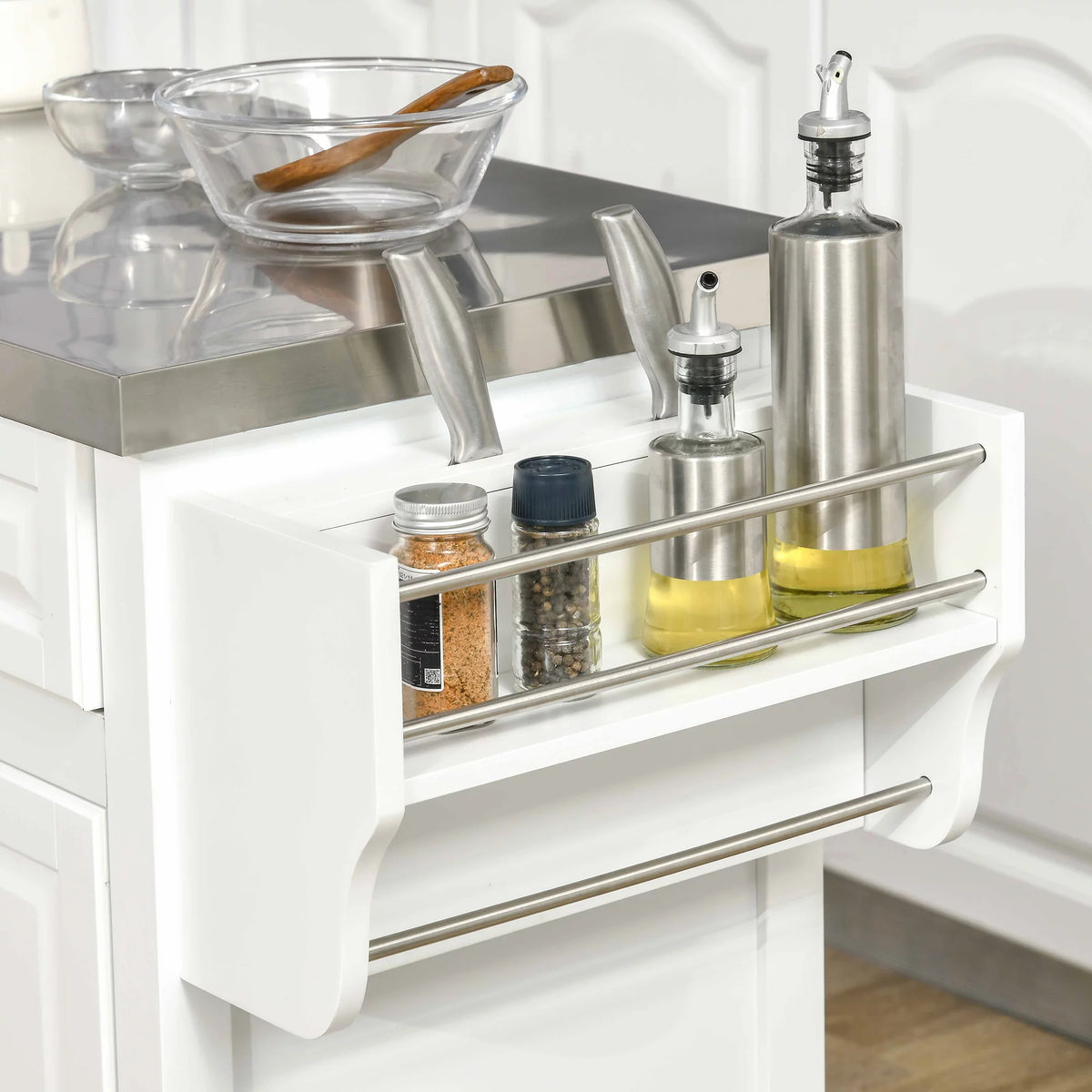 White Pine Wood Stainless Steel Rolling Kitchen Island Cart Y10892