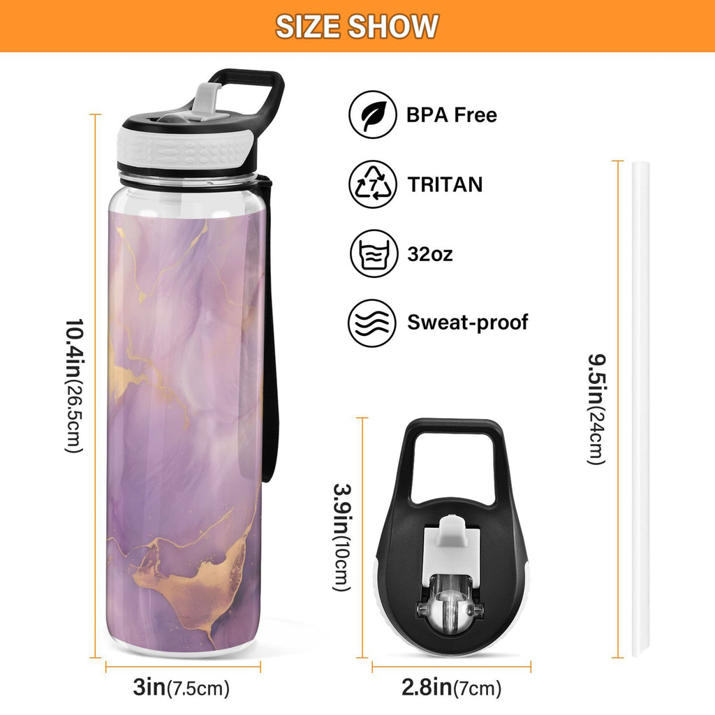 Purple and Gold Marble 32oz Tritan Leakproof Sports Bottle with Straw F567