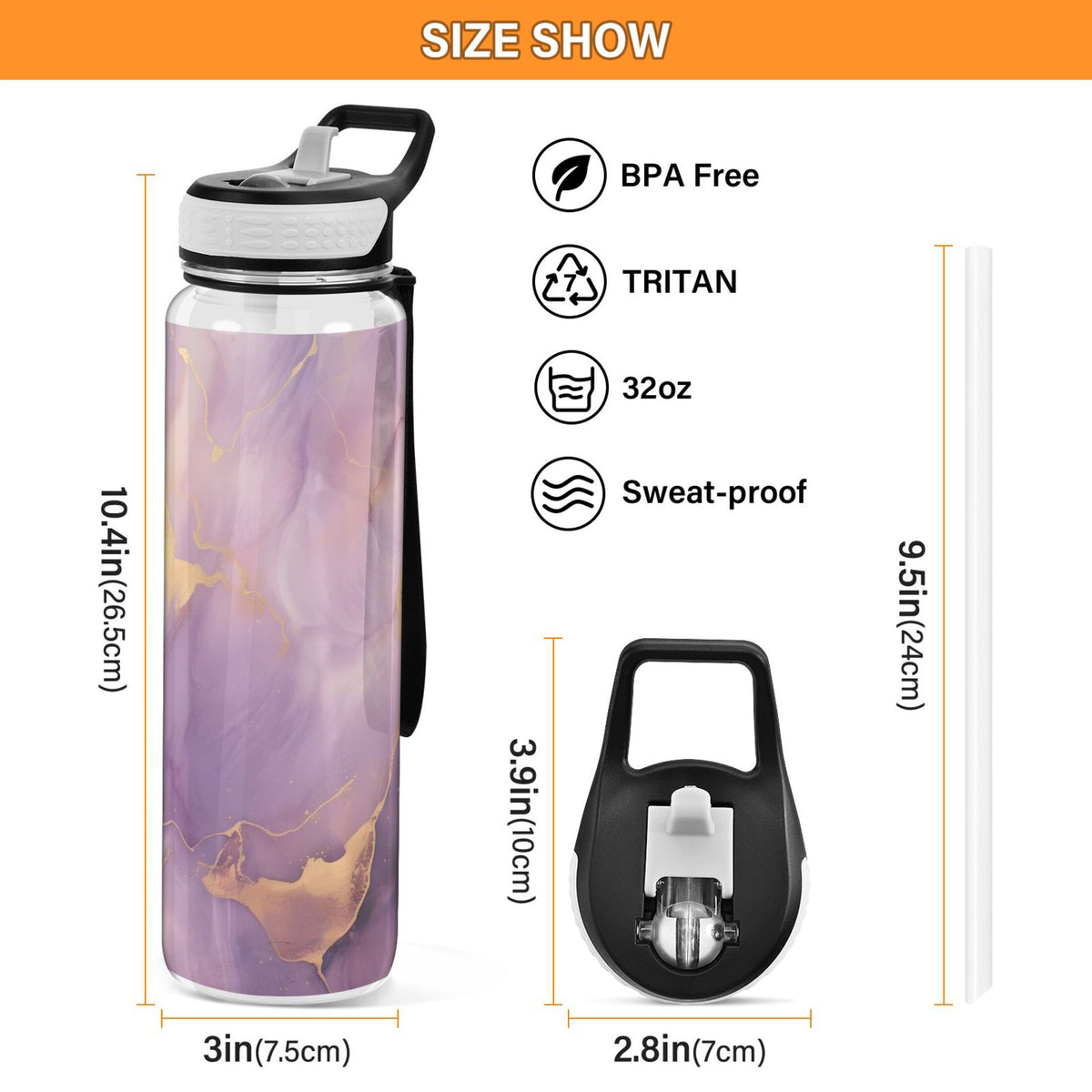 Purple and Gold Marble 32oz Tritan Leakproof Sports Bottle with Straw F567
