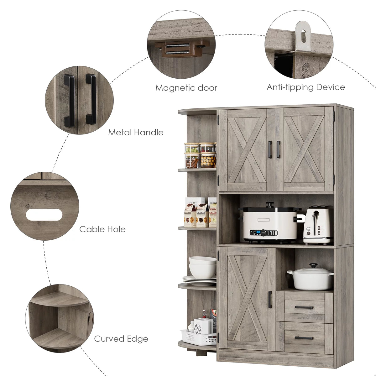 Large Kitchen Pantry with Adjustable Shelves, Tall Storage Cabinet, Wash Gray Q443576