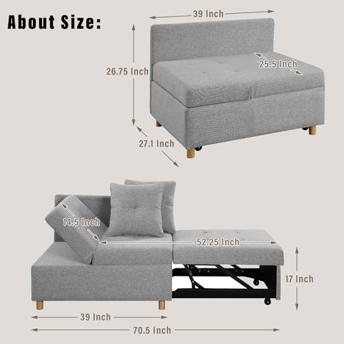 Light Gray Linen Convertible Sleeper Sofa Chair with 2 Throw Pillow V927371