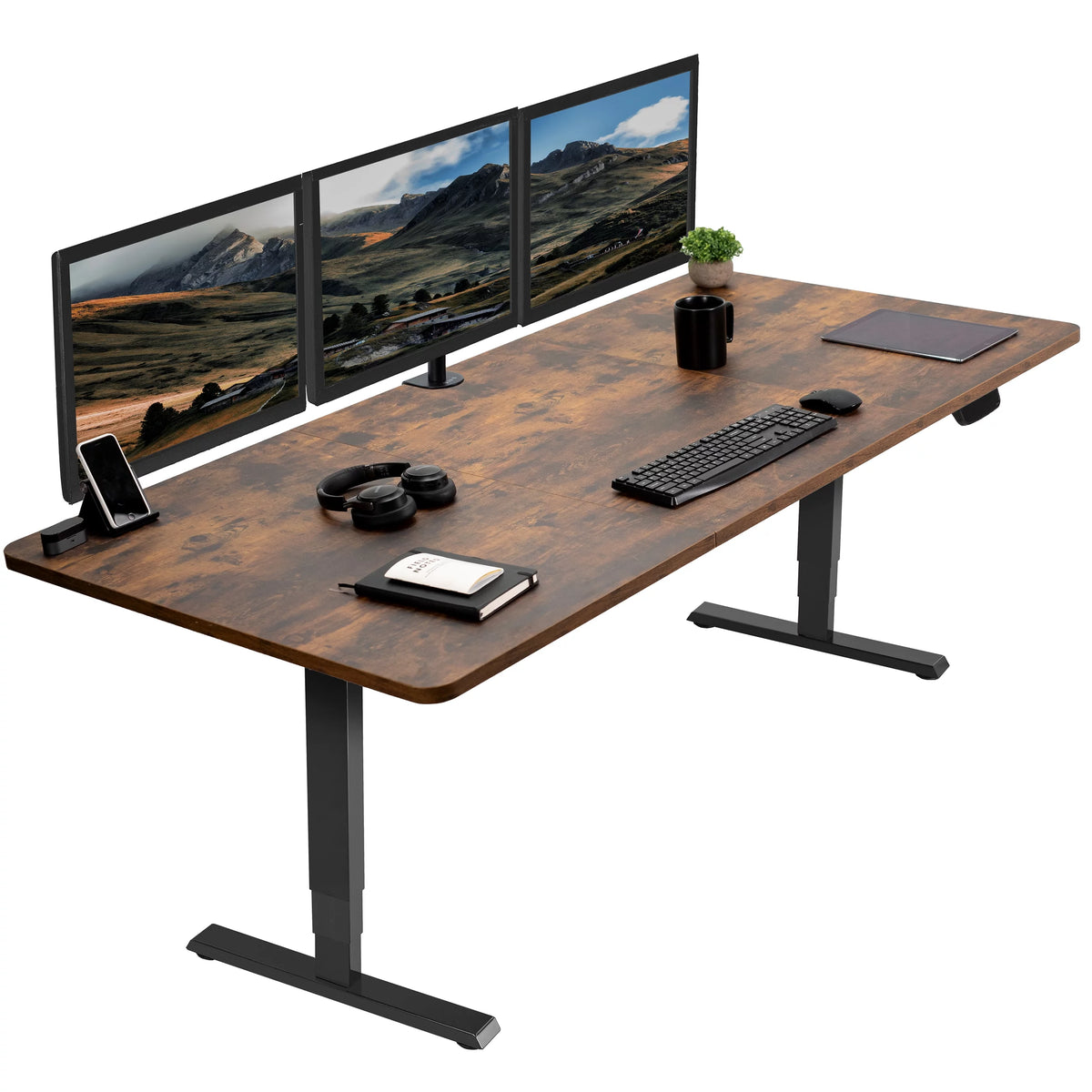 Electric 71”x36” Stand Up Desk, Rustic Vintage Brown Table Top, Black Frame H118919