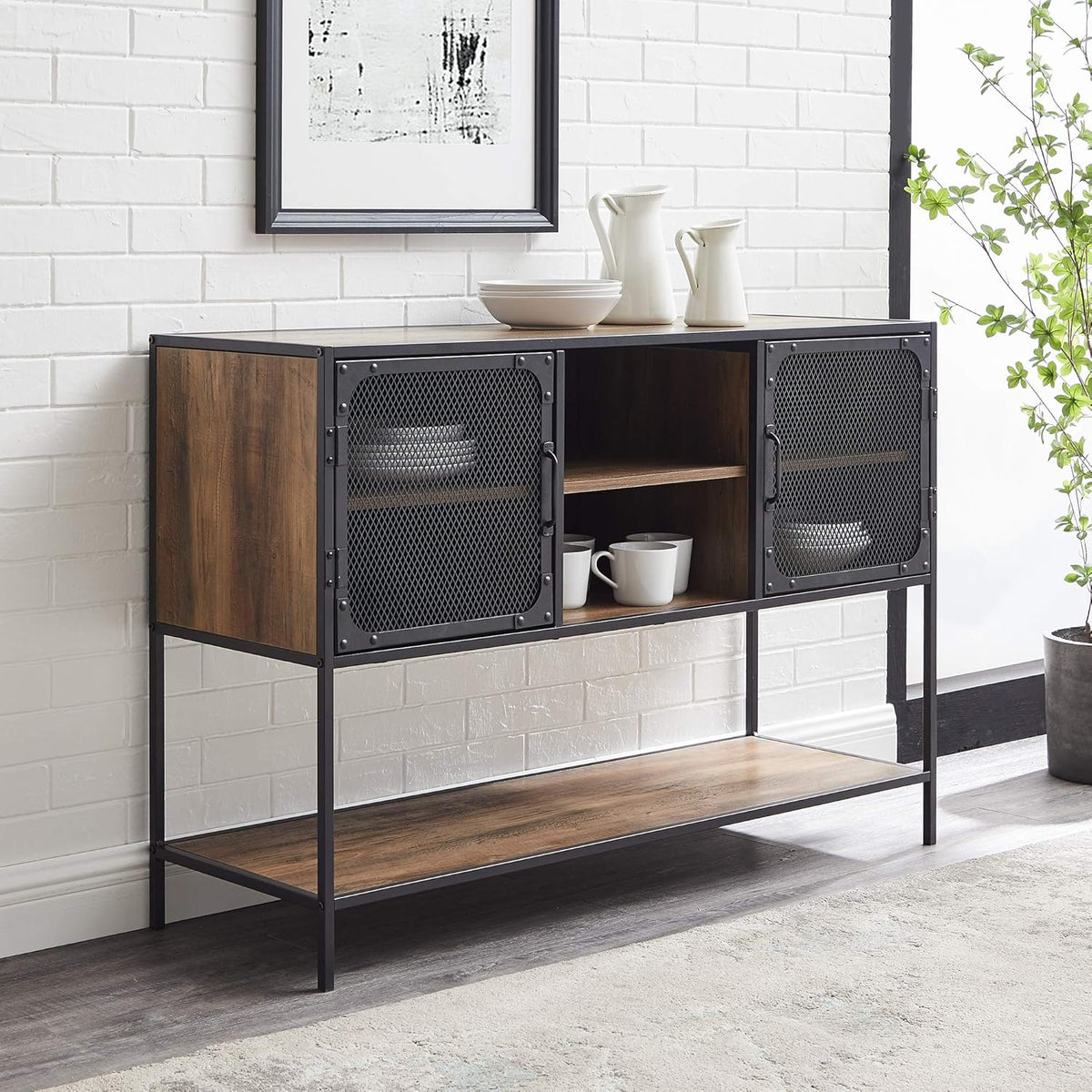Rustic Oak Metal Mesh Double Door Rolling Bar Cabinet P441