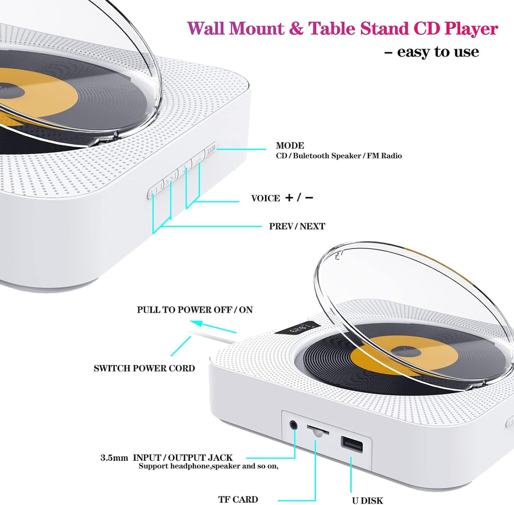 Portable CD Player with Bluetooth, FM Radio, Built-in Speakers, USB Port, AUX Input, LCD Display, Pack of 2 O3669