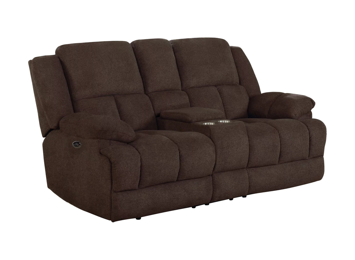 Brown Upholstered Power Loveseat with Console A336152