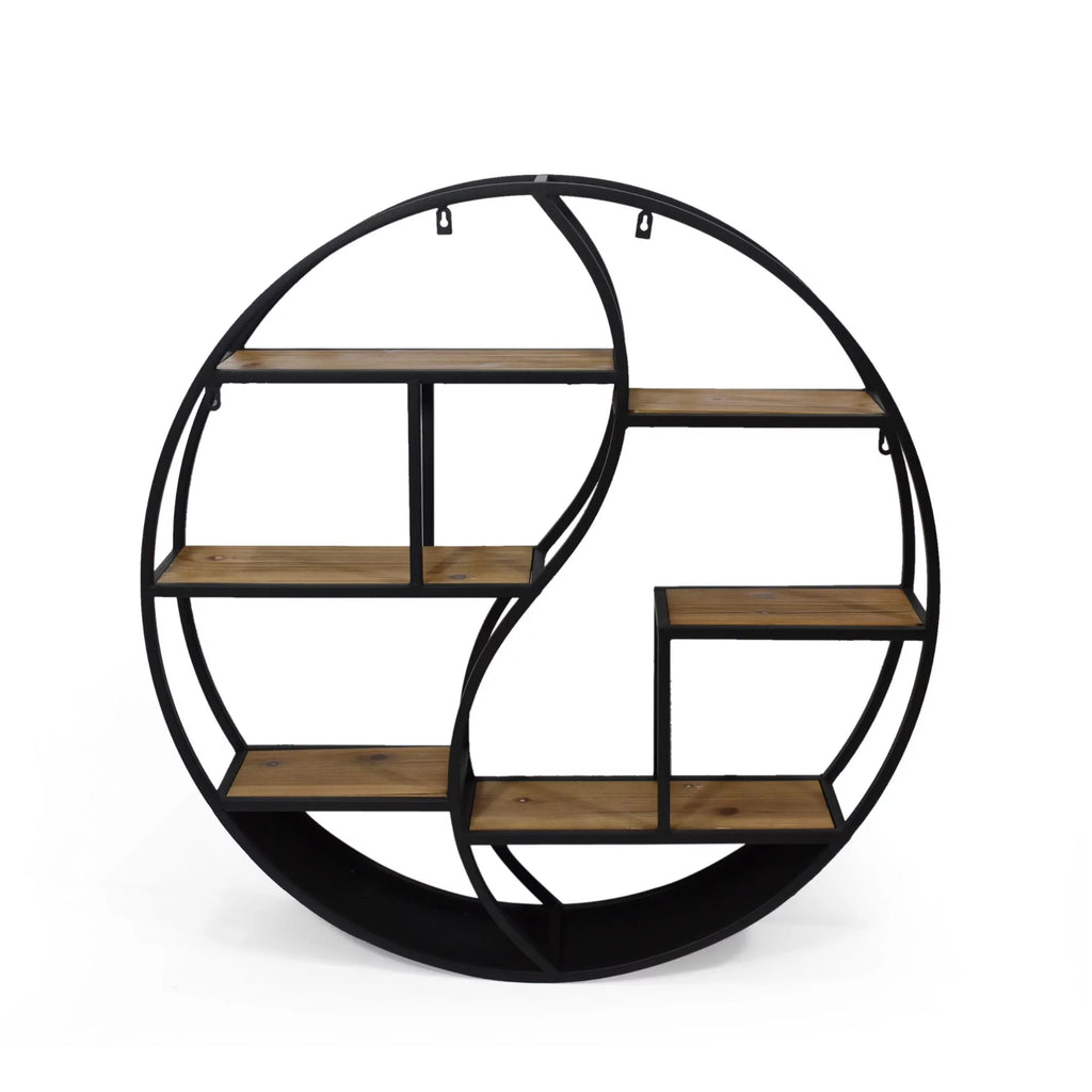 Brown and Black Contemporary Round Hanging Wall Shelf O523