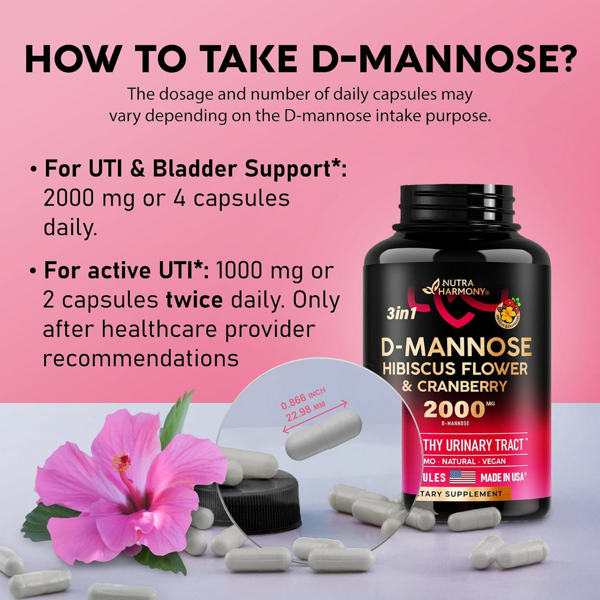 D-Mannose 2000mg Capsules with Cranberry & Hibiscus Flower - 120 Vegan Pills P4135