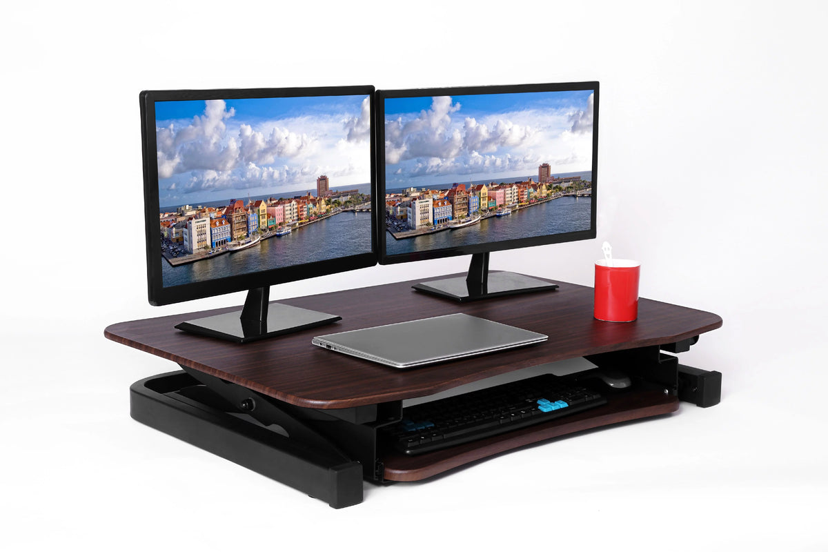 Height Adjustable Electric Desk Converter with Keyboard Tray (Walnut) D173