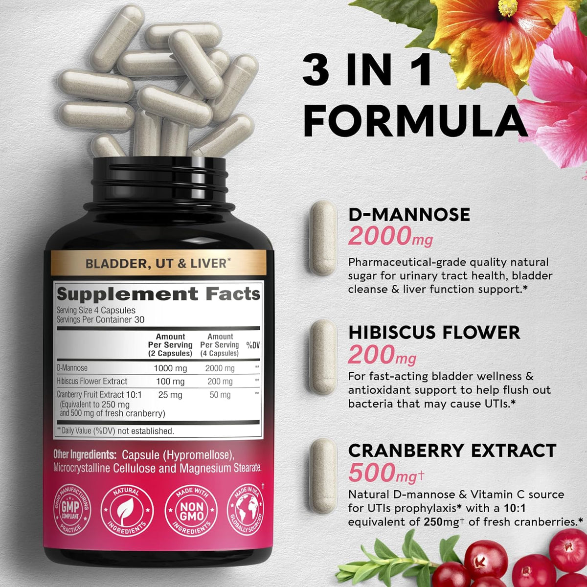 D-Mannose 2000mg Capsules with Cranberry & Hibiscus Flower - 120 Vegan Pills P4135