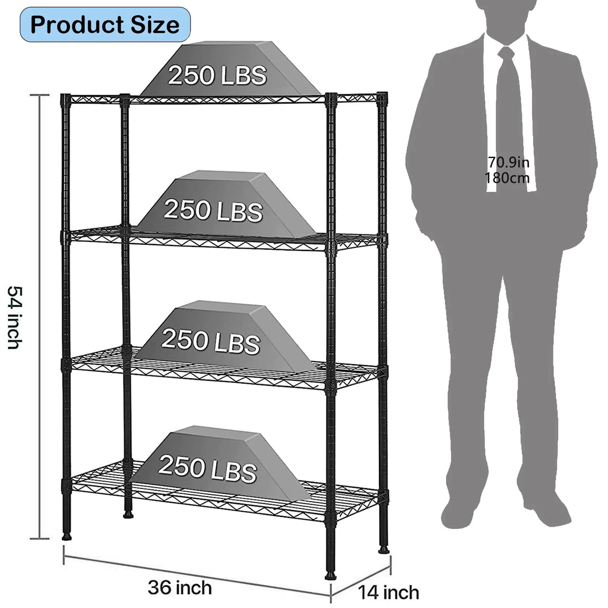 4 Shelf Wire Shelving Unit, 36" L x 14" W x 54" H A33246
