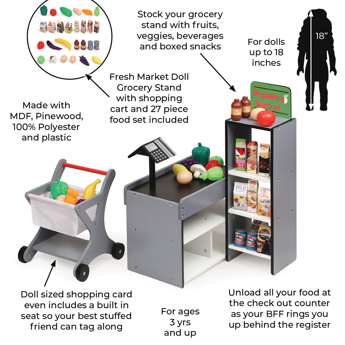 Doll Playset with Shopping Cart and Pretend Food V3816