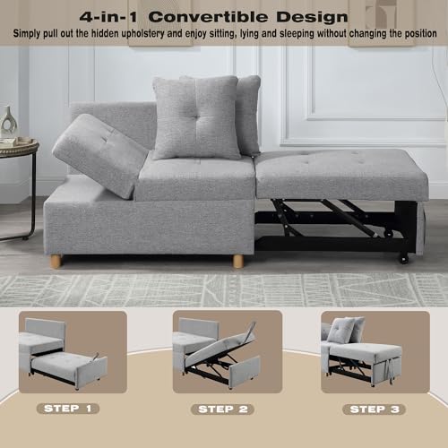 Light Gray Linen Convertible Sleeper Sofa Chair with 2 Throw Pillow V927371