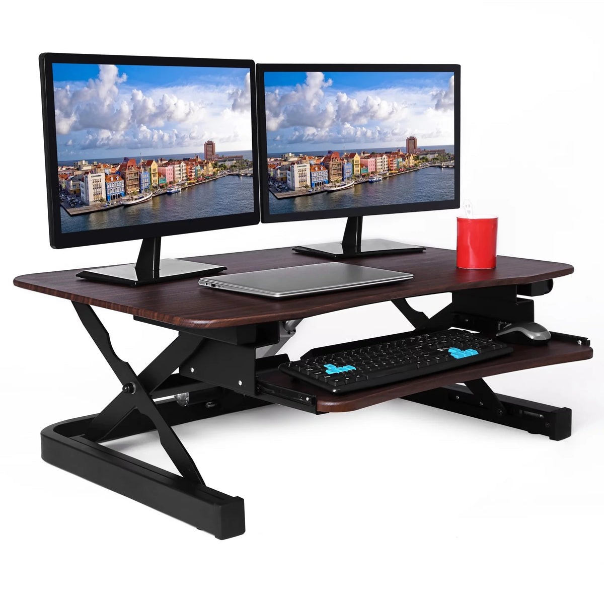 Height Adjustable Electric Desk Converter with Keyboard Tray (Walnut) D173