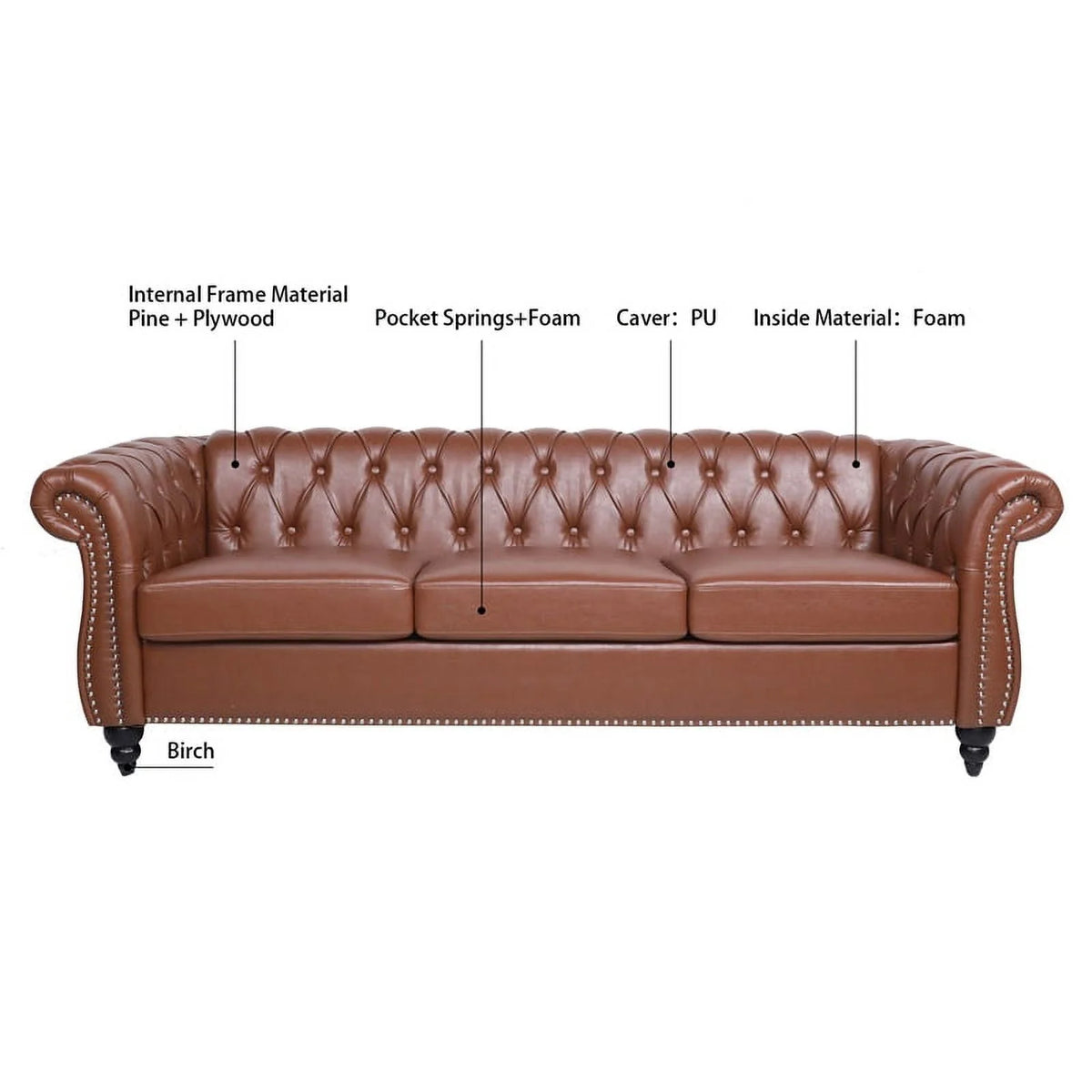 Brown PU Rolled Arm Chesterfield Three Seater Sofa W882049