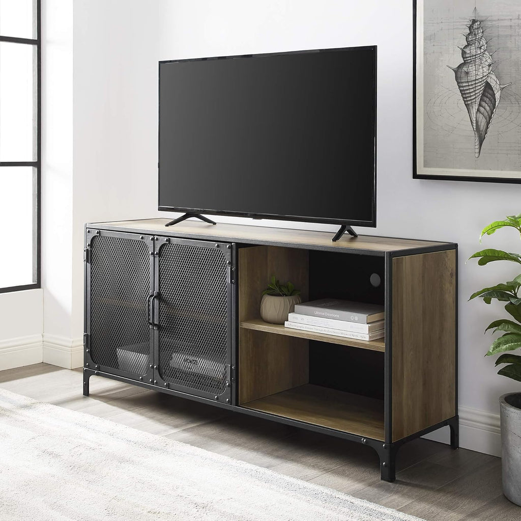 Rustic Oak Metal Mesh Double Door Rolling Bar Cabinet P441