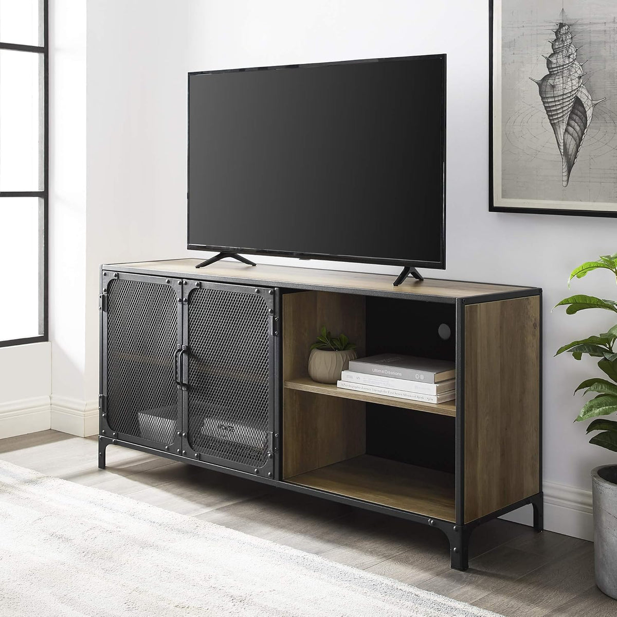 Rustic Oak Metal Mesh Double Door Rolling Bar Cabinet P441