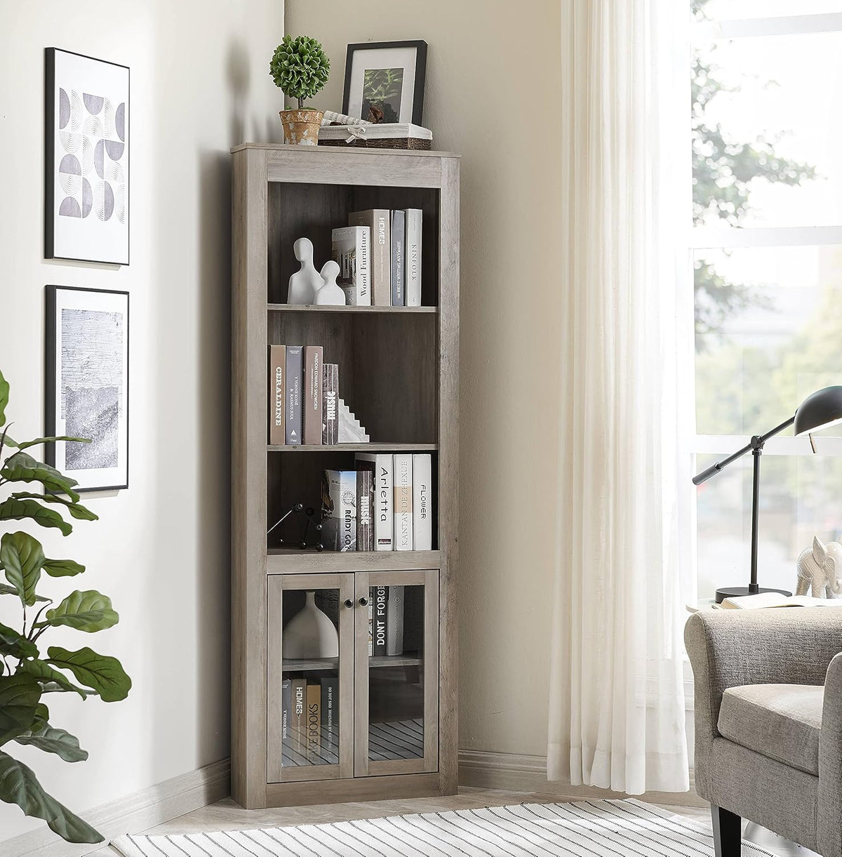 White Bar Cabinet Bookshelf with Glass Doors N71808