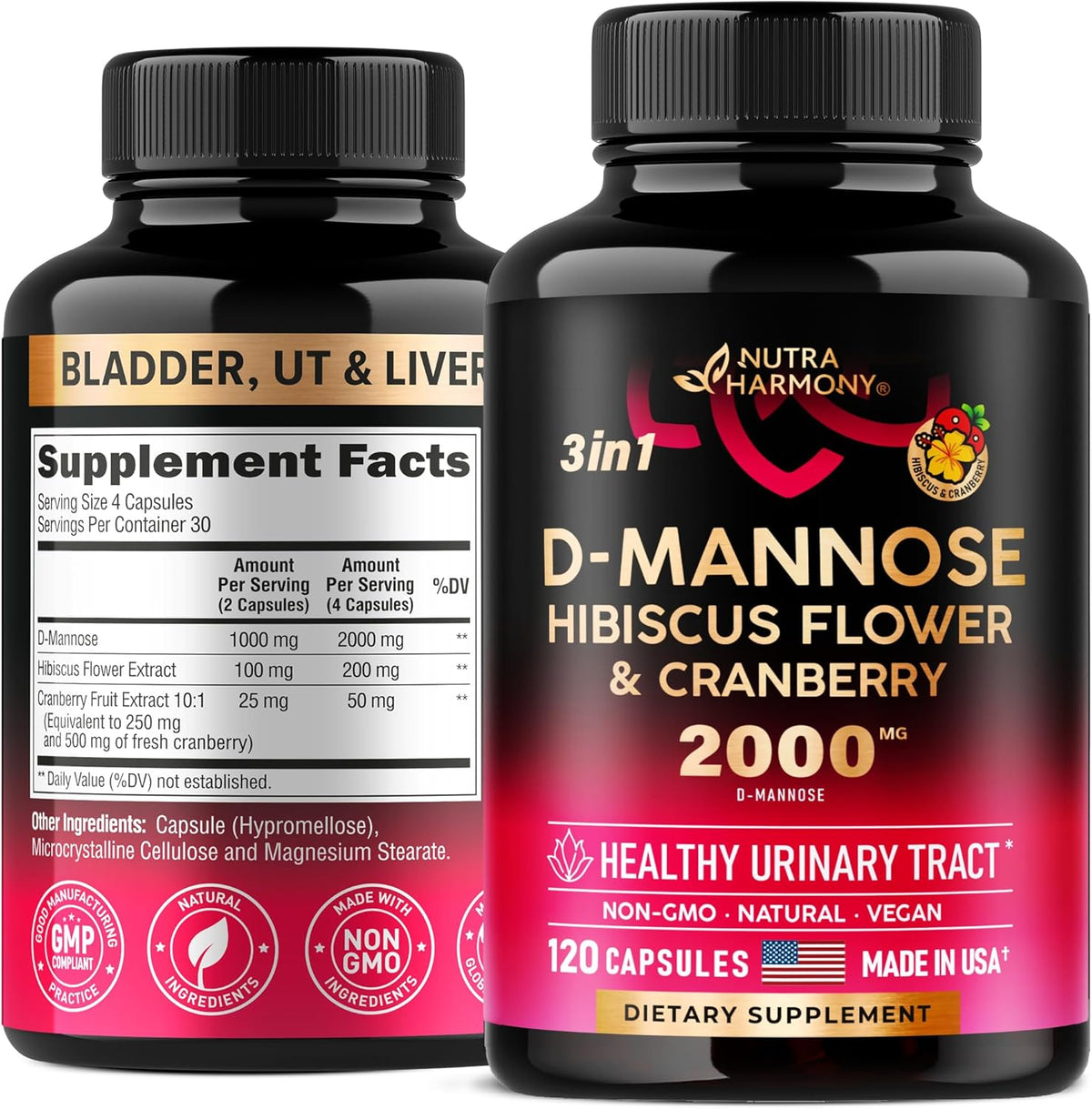 D-Mannose 2000mg Capsules with Cranberry & Hibiscus Flower - 120 Vegan Pills P4135