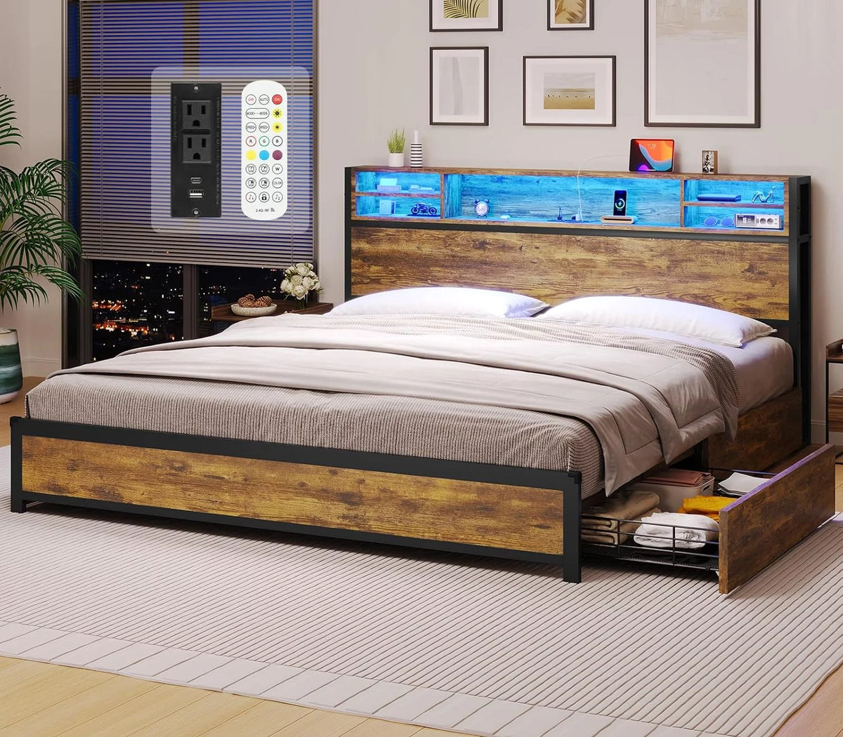 Queen Bed Frame with Headboard and Drawers N700