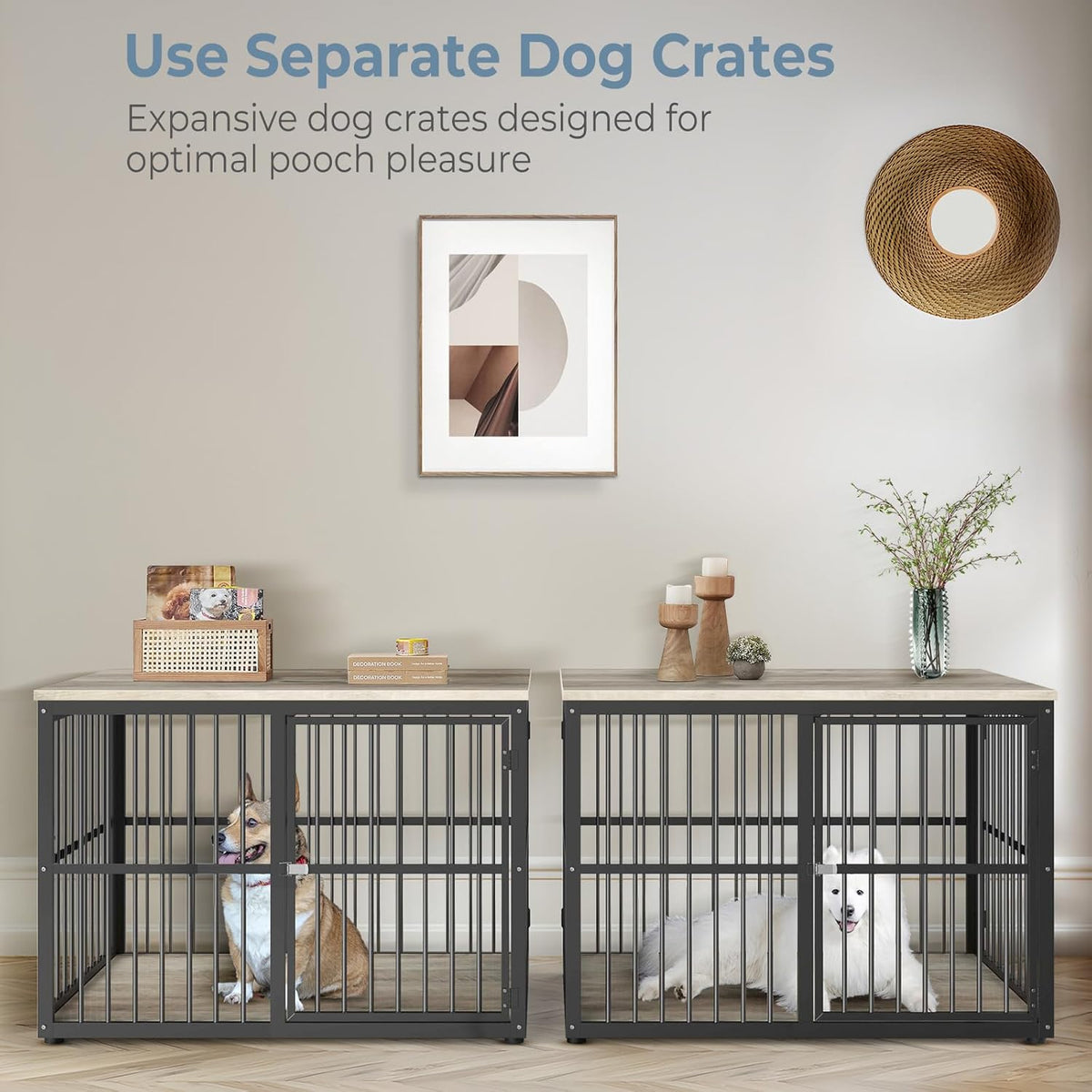Dog Crate Furniture Large Breed TV Stand with Double Rooms Wooden Dog Kennel with Removable Divider H8478