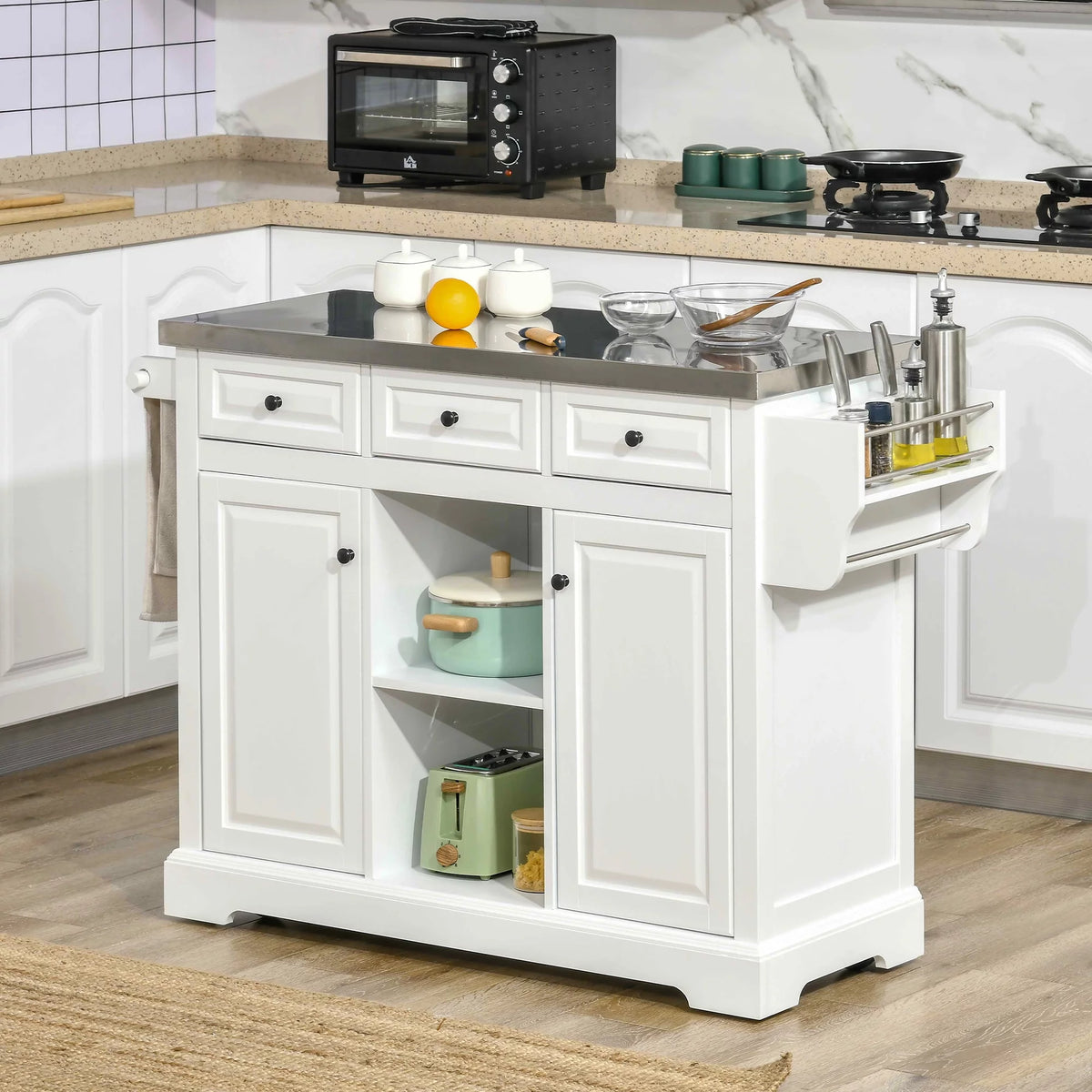 White Pine Wood Stainless Steel Rolling Kitchen Island Cart Y10892