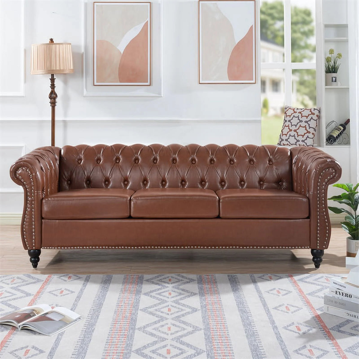 Brown PU Rolled Arm Chesterfield Three Seater Sofa W882049