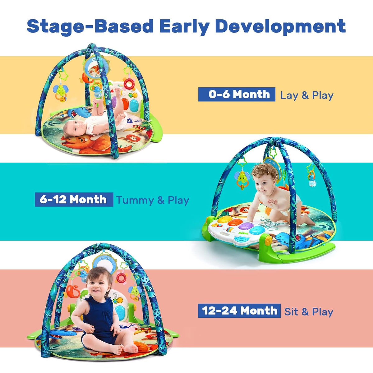 Baby Gym Play Mat with 5 Sensory Teether Toys, Musical Activity Center, Pack of 2 Q597