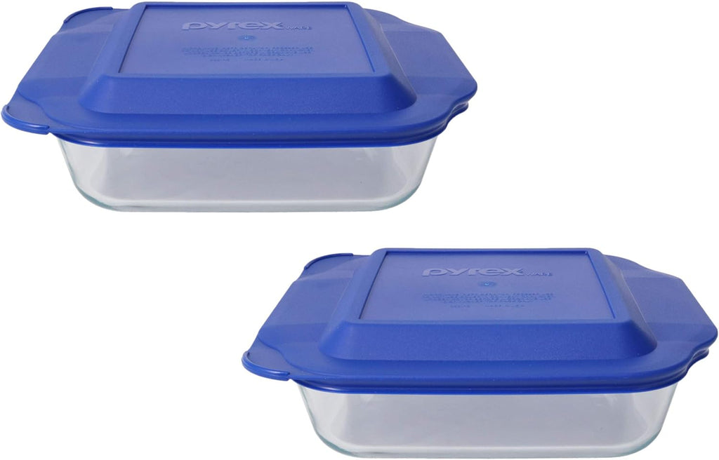 2 Square Glass Baking Dishes with 2 Blue Lids G2948