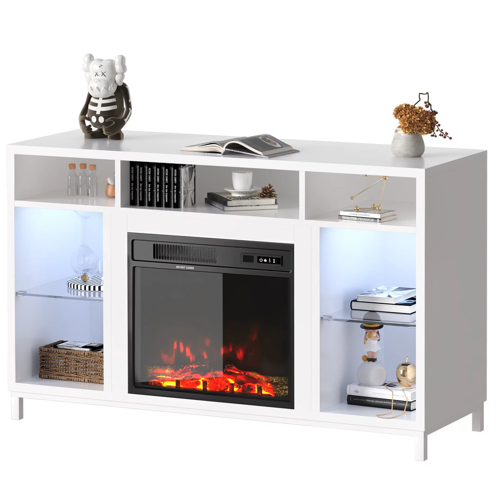 White Fireplace TV Stand with 18" Electric Fireplace and Adjustable Glass Shelves N20562