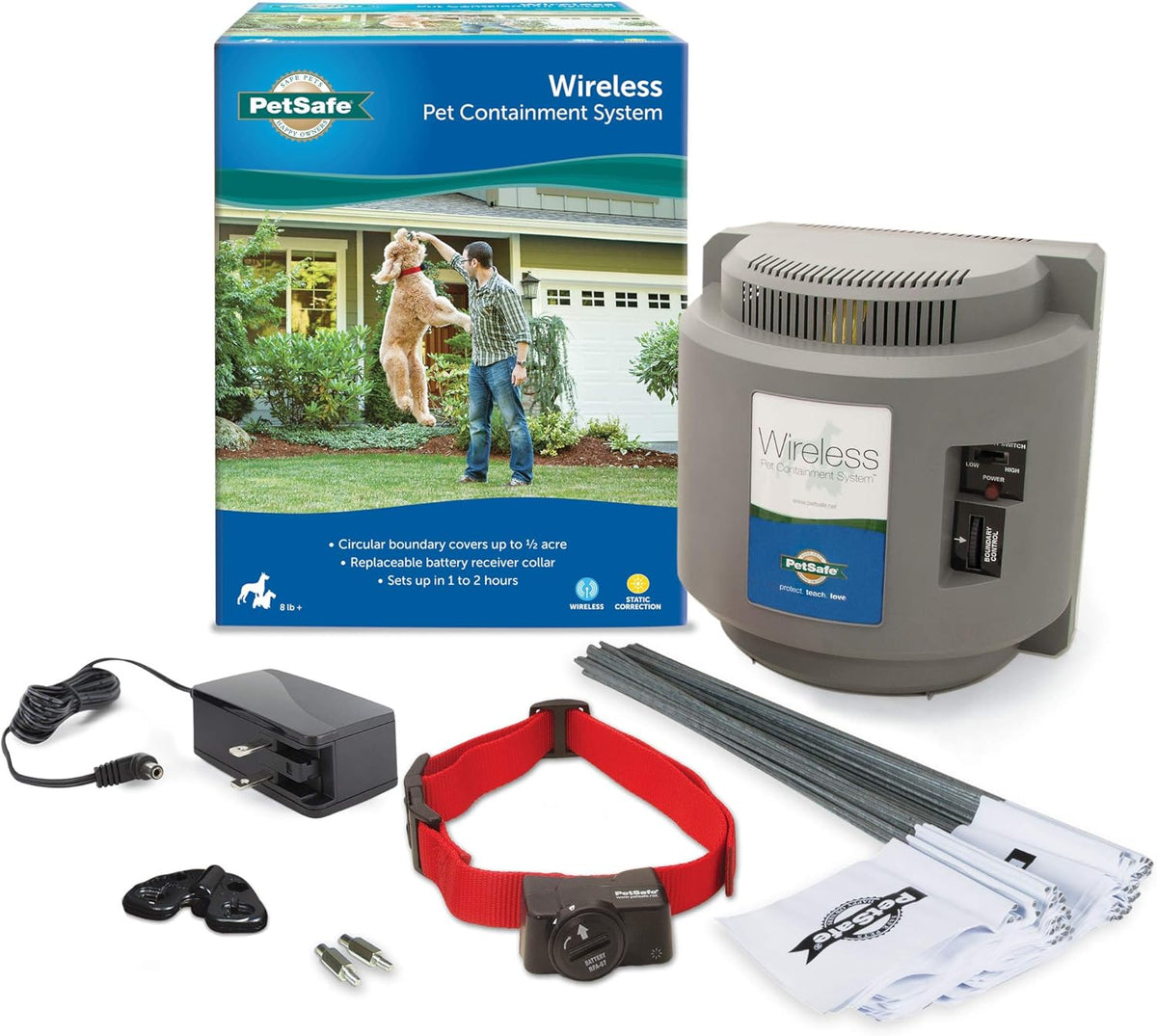 Wireless Pet Containment System, Covers up to 1/2 Acre, Waterproof Receiver with Tone / Static Correction G45090