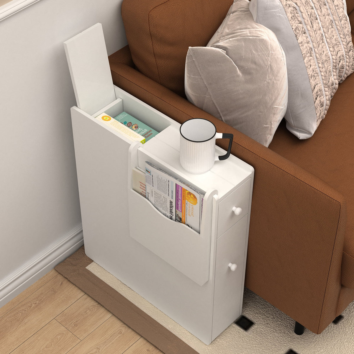 White Wood Slim Bathroom Storage Cabinet with Drawer M4506