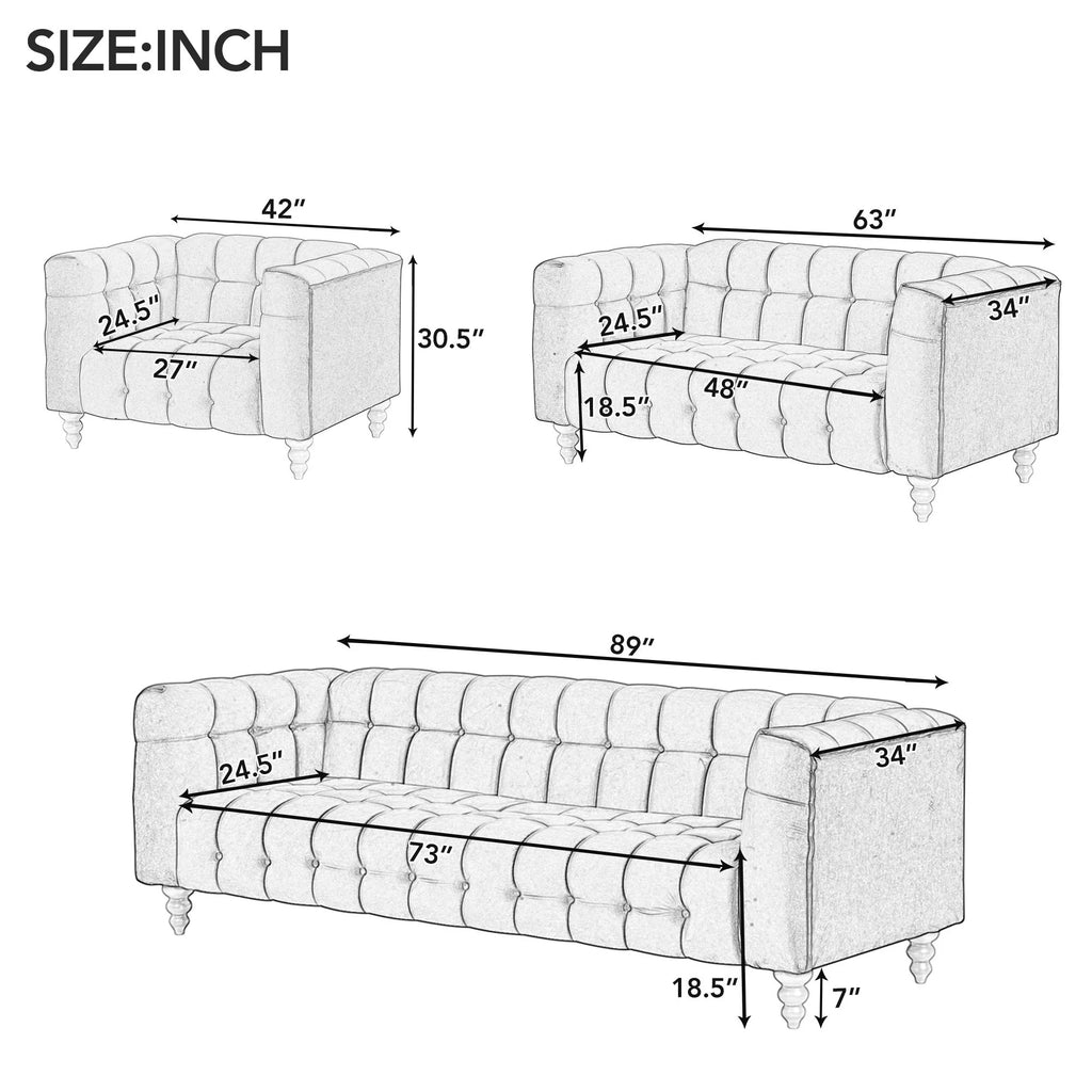 90" Blue Tufted 3 Seater Sofa E962374