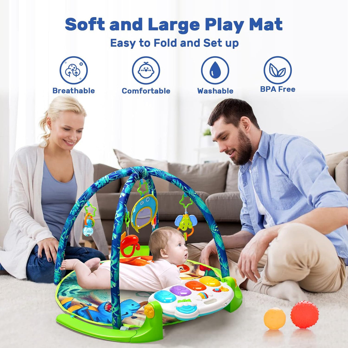 Baby Gym Play Mat with 5 Sensory Teether Toys, Musical Activity Center, Pack of 2 Q597