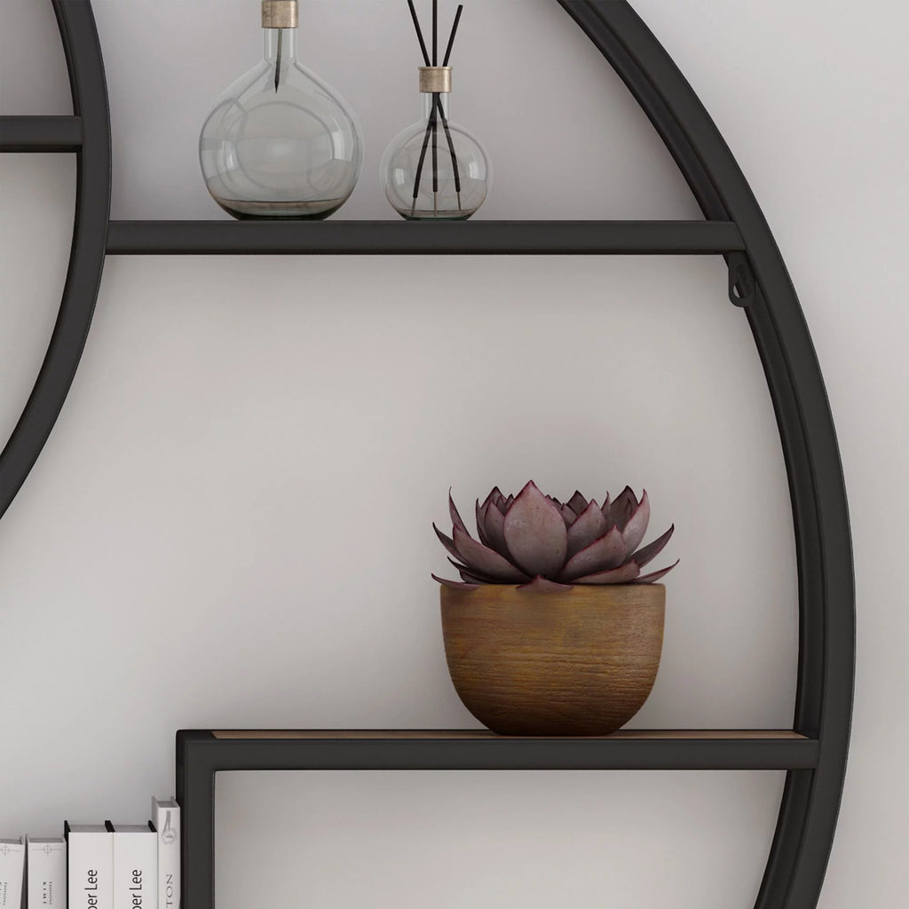 Brown and Black Contemporary Round Hanging Wall Shelf O523