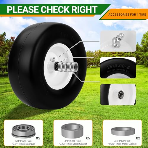 2 PCS 13x5.00-6 Flat Free Tire and Wheel with 3/4" Extra 5/8" Bearings D3787