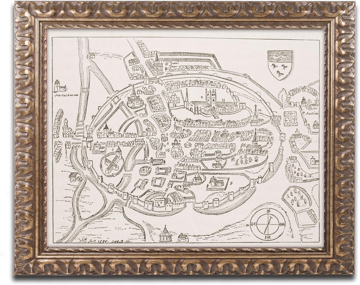 16th Century Canterbury Map 11 by 14-Inch Gold Ornate Frame Y427487