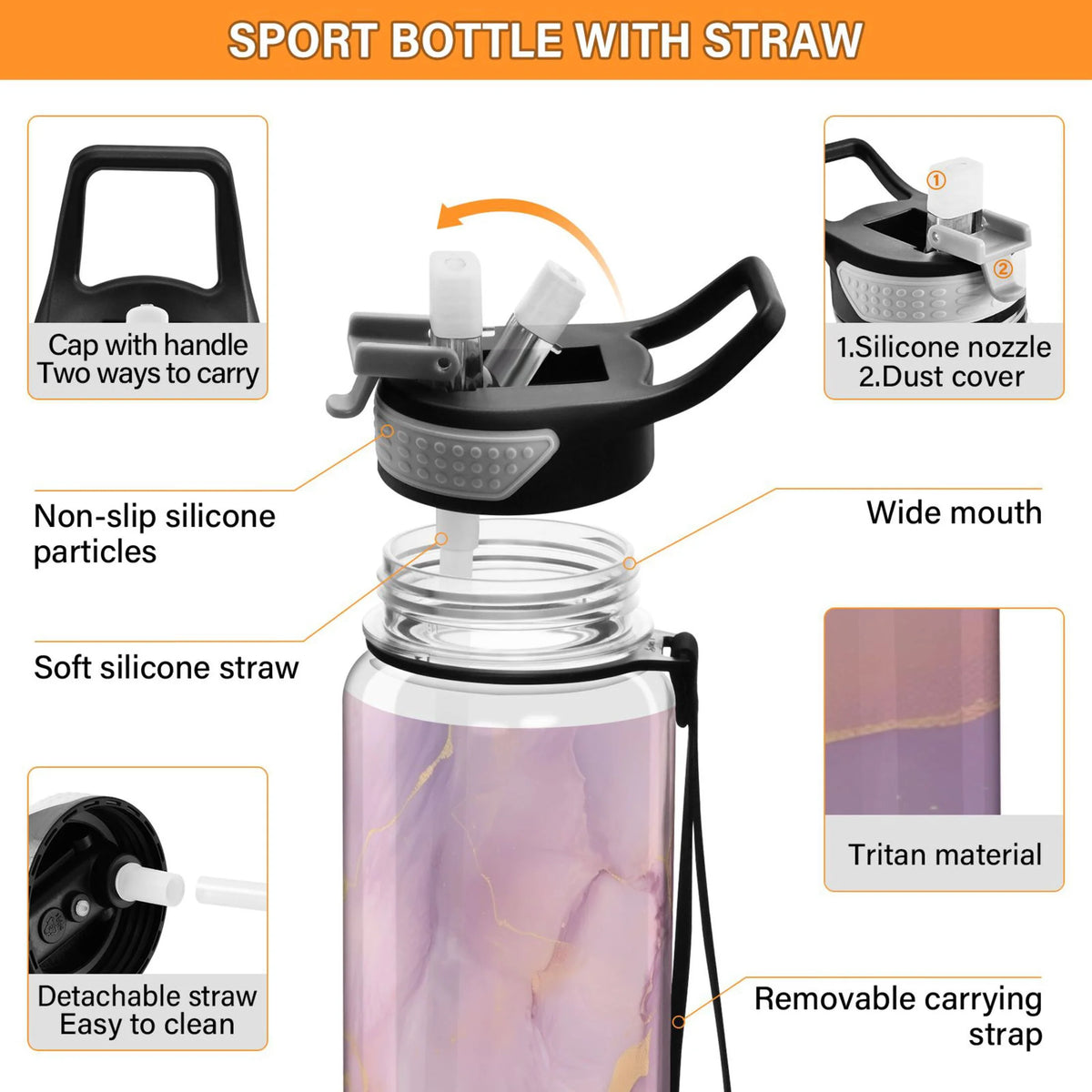 Purple and Gold Marble 32oz Tritan Leakproof Sports Bottle with Straw F567