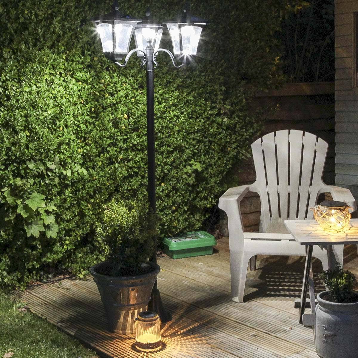 Large Black Triple Head Solar Security Lamp Post, White LEDs, 2.1m W351124