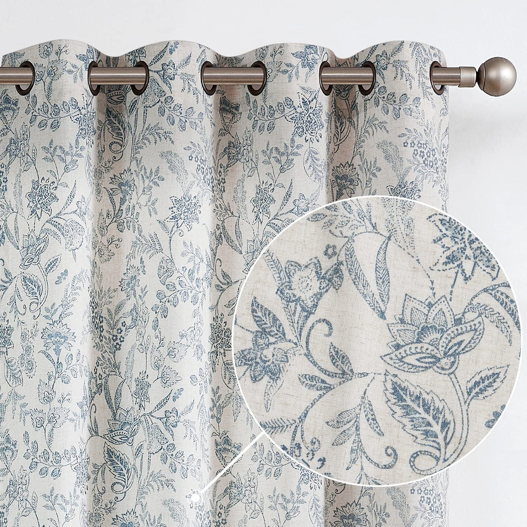 Floral Linen Semi Sheer Curtains 84 inch 2 Panels Blue on Beige N188475