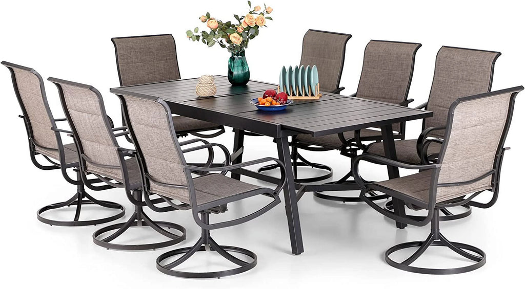 9 Piece Patio Dining Set with Padded Textilene Swivel Chairs and Expandable Table W4931