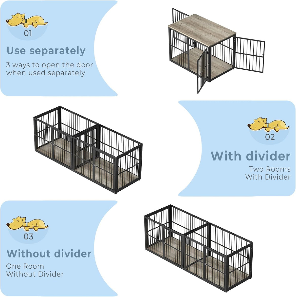 Dog Crate Furniture Large Breed TV Stand with Double Rooms Wooden Dog Kennel with Removable Divider H8478