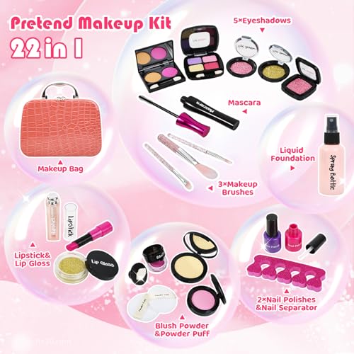 Pretend Makeup Kit for Girls: Kids Pretend Play Makeup Set with Cosmetic Bag - Fake Makeup Toy Set for Toddler - Little Girls Age 3+ (Not Real Makeup) Orange N85527