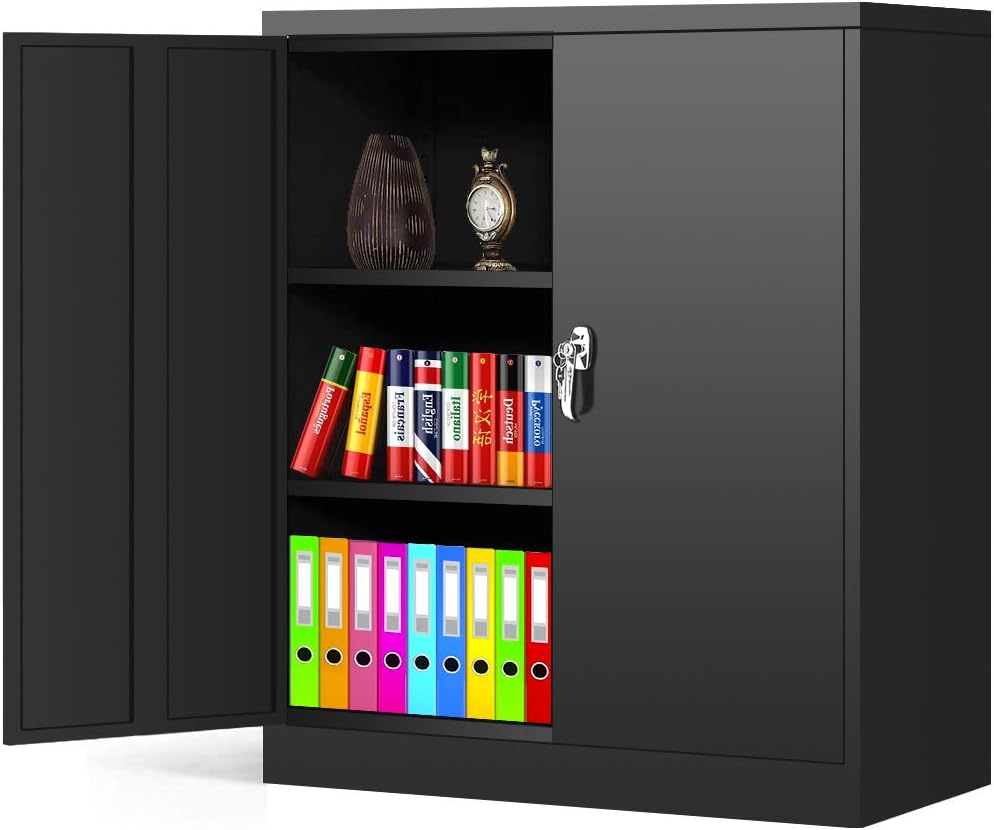 Black Metal Locking Storage Cabinet with 2 Doors and 2 Adjustable Shelves T458
