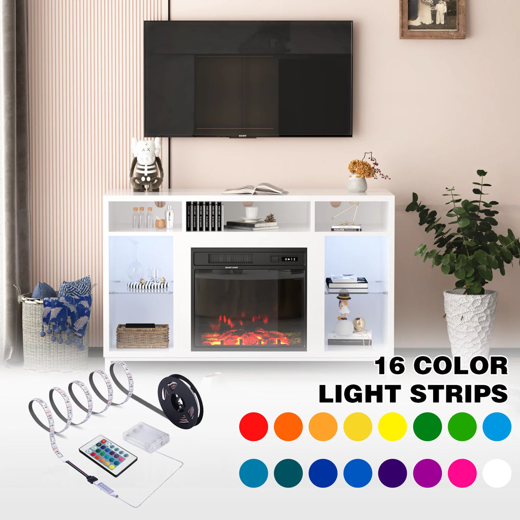 White Fireplace TV Stand with 18" Electric Fireplace and Adjustable Glass Shelves N20562