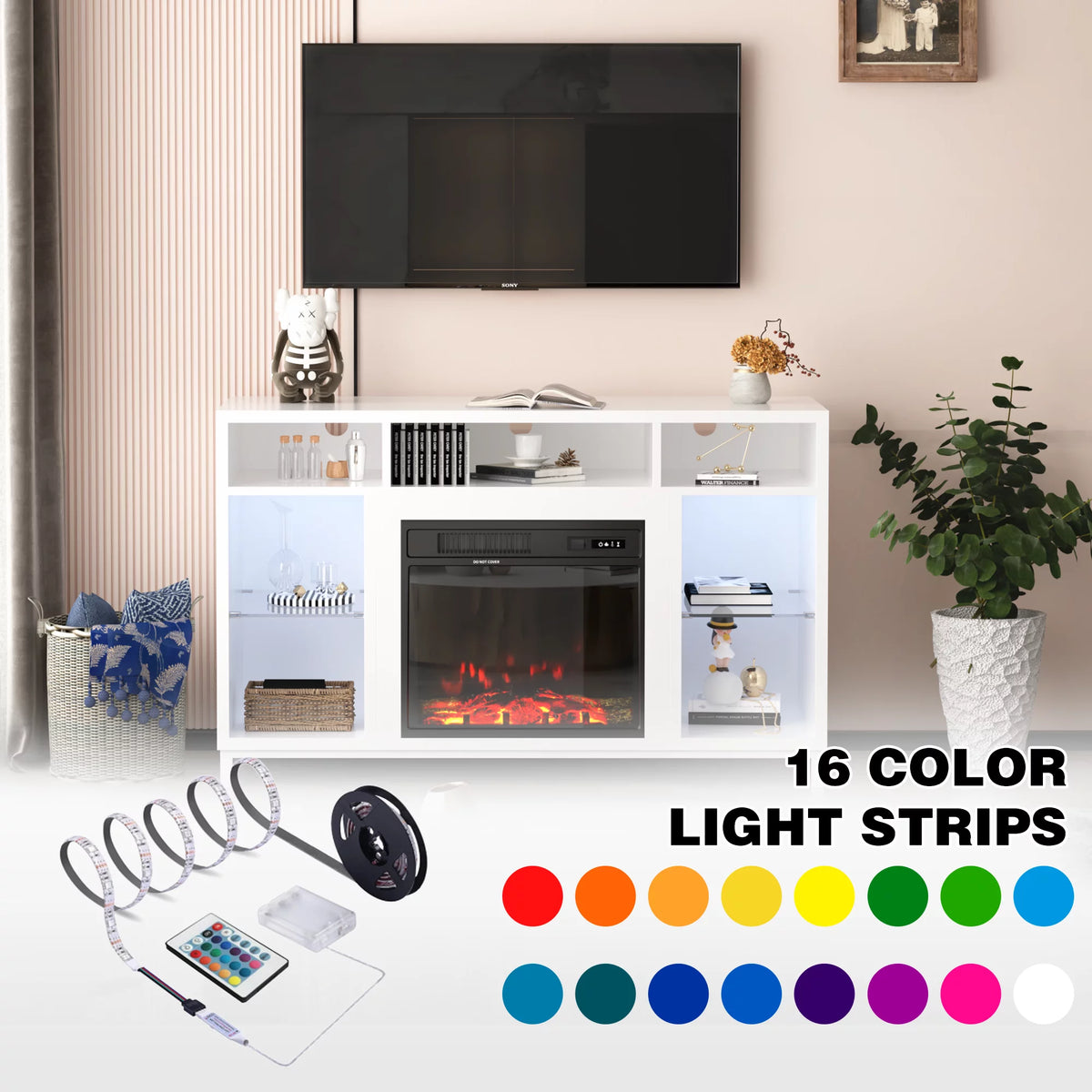 White Fireplace TV Stand with 18" Electric Fireplace and Adjustable Glass Shelves N20562