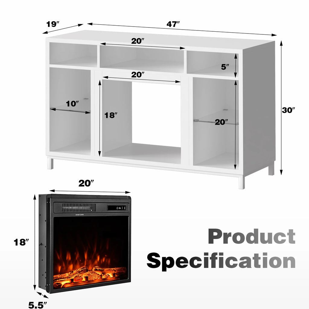 White Fireplace TV Stand with 18" Electric Fireplace and Adjustable Glass Shelves N20562