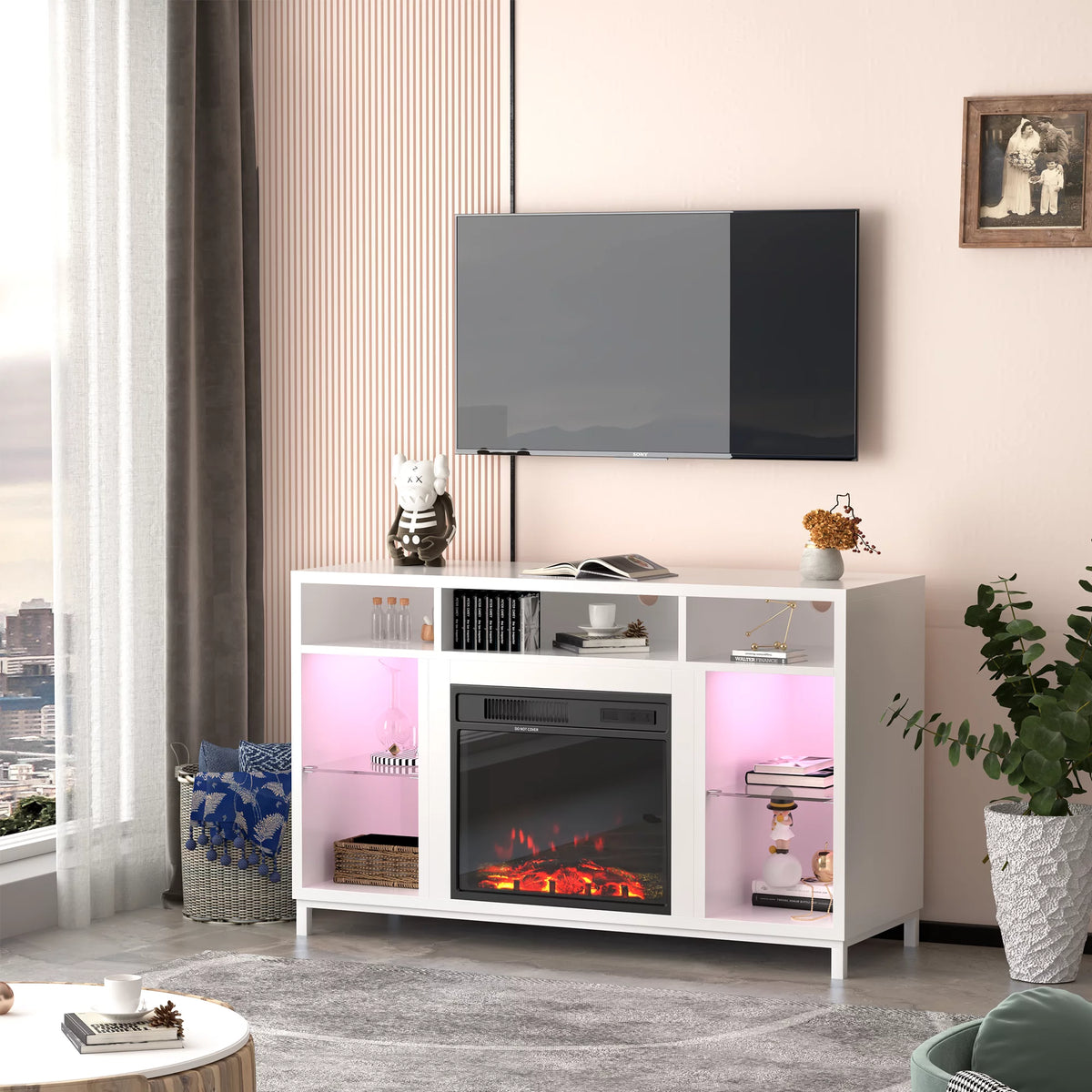 White Fireplace TV Stand with 18" Electric Fireplace and Adjustable Glass Shelves N20562