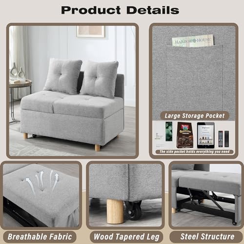 Light Gray Linen Convertible Sleeper Sofa Chair with 2 Throw Pillow V927371