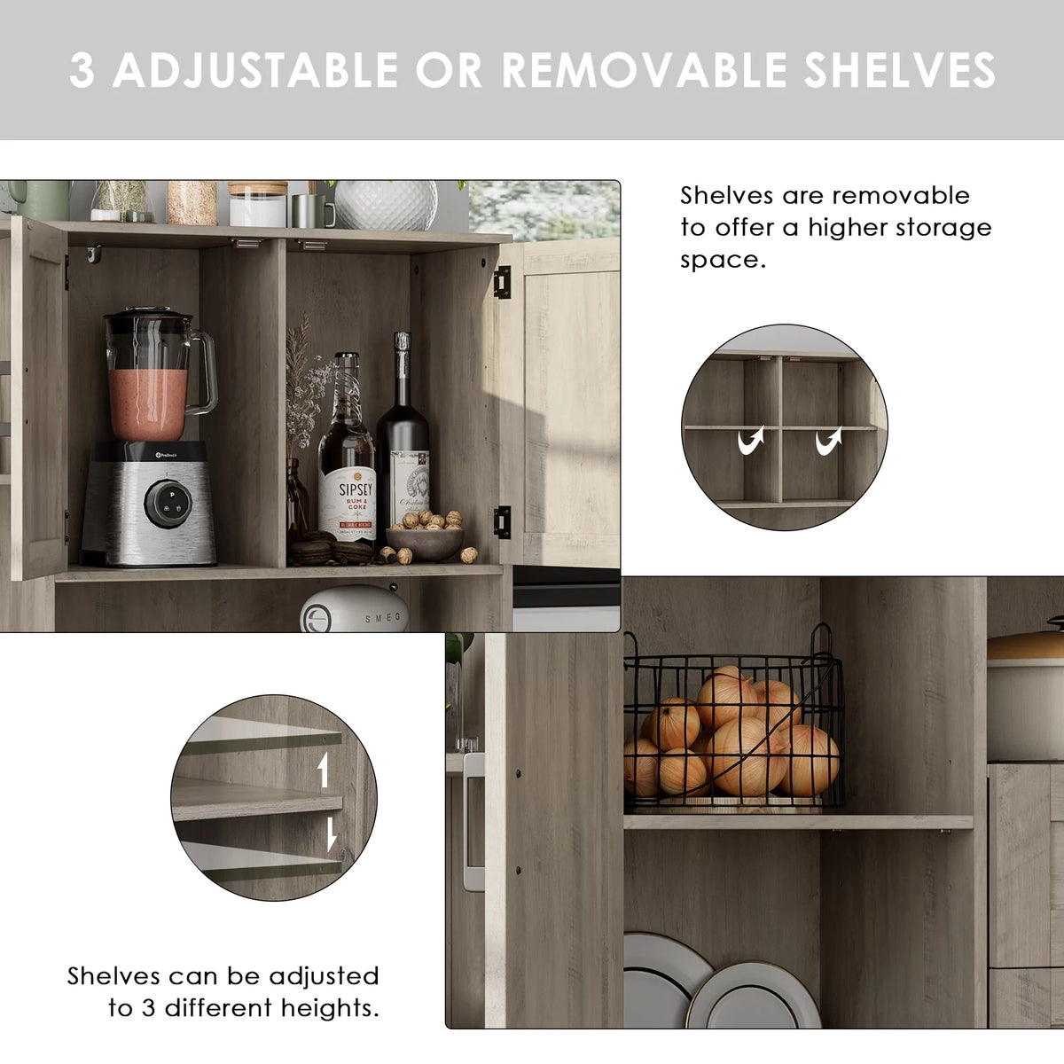 Large Kitchen Pantry with Adjustable Shelves, Tall Storage Cabinet, Wash Gray Q443576
