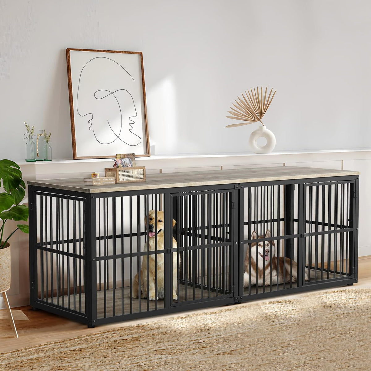 Dog Crate Furniture Large Breed TV Stand with Double Rooms Wooden Dog Kennel with Removable Divider H8478